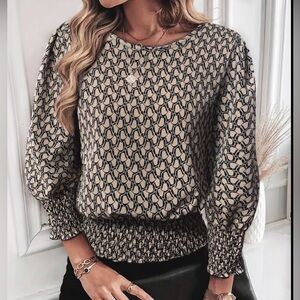 Allover Print Long Sleeve Smocked Waist Top